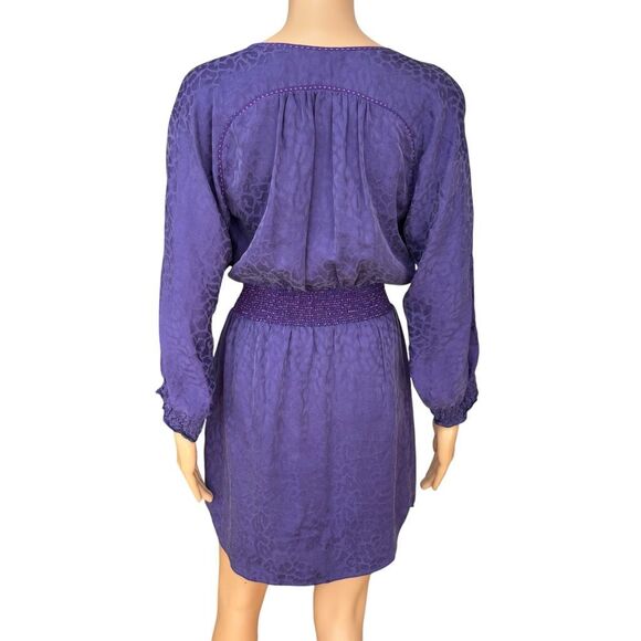 Rebecca Taylor 100% silk purple leopard print smocked waist dress size 2 - Picture 3 of 7